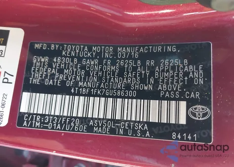 2016 Toyota Camry Se from USA, damaged, VIN 4T1BF1FK7GU586300